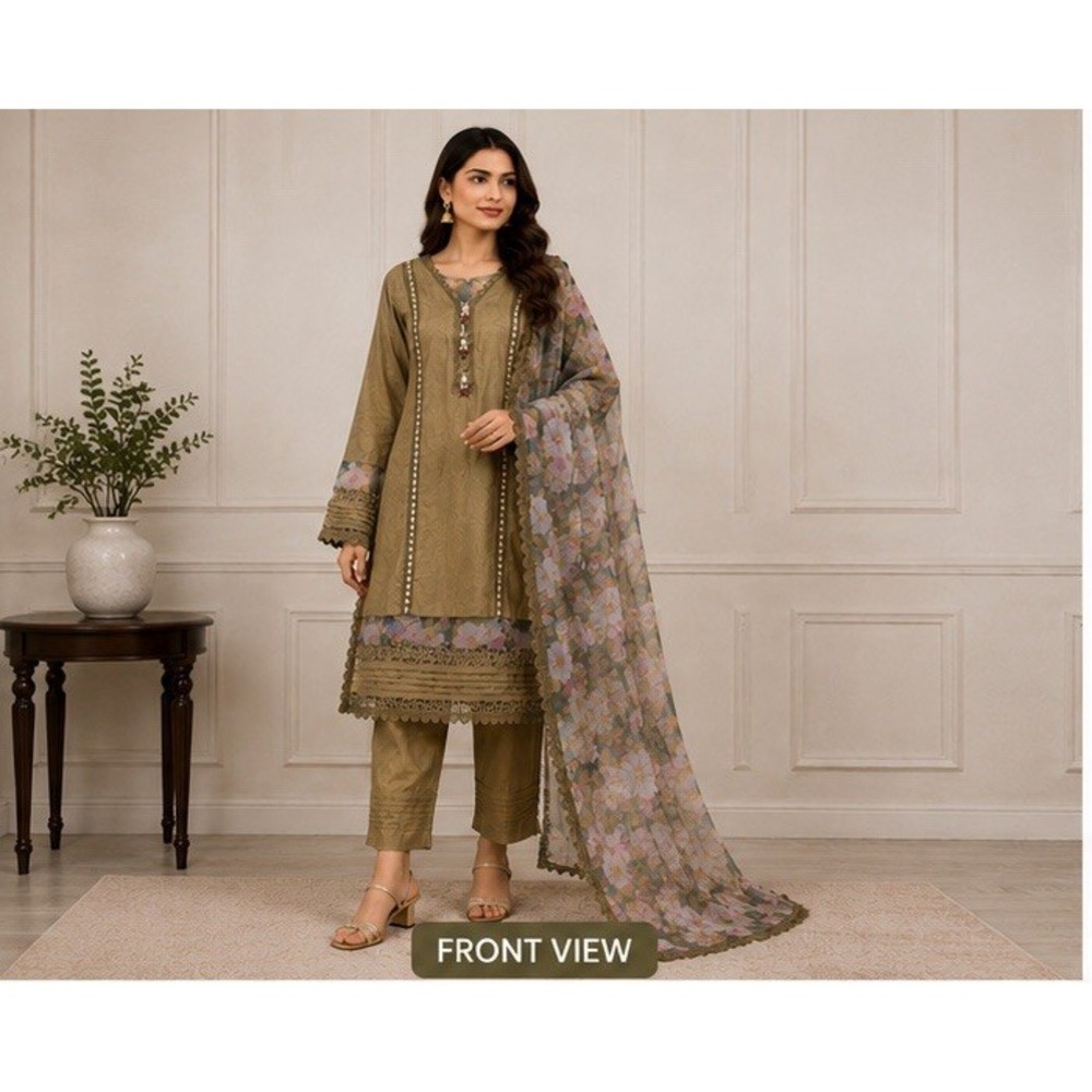 Women's 3 Piece Pakistani Kurta Pants Dupatta Set Olive Floral Embellished A11